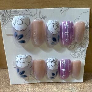 Press On‎ Nails White Floral Bow Designs Oval Artificial False Nails